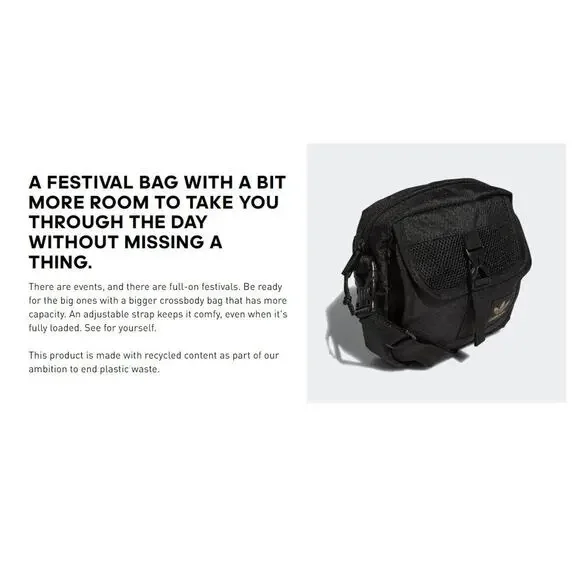 Adidas Large Festival Crossbody Bag Black Gold Trefoil Emblem Adjustable Unisex - Picture 10 of 11
